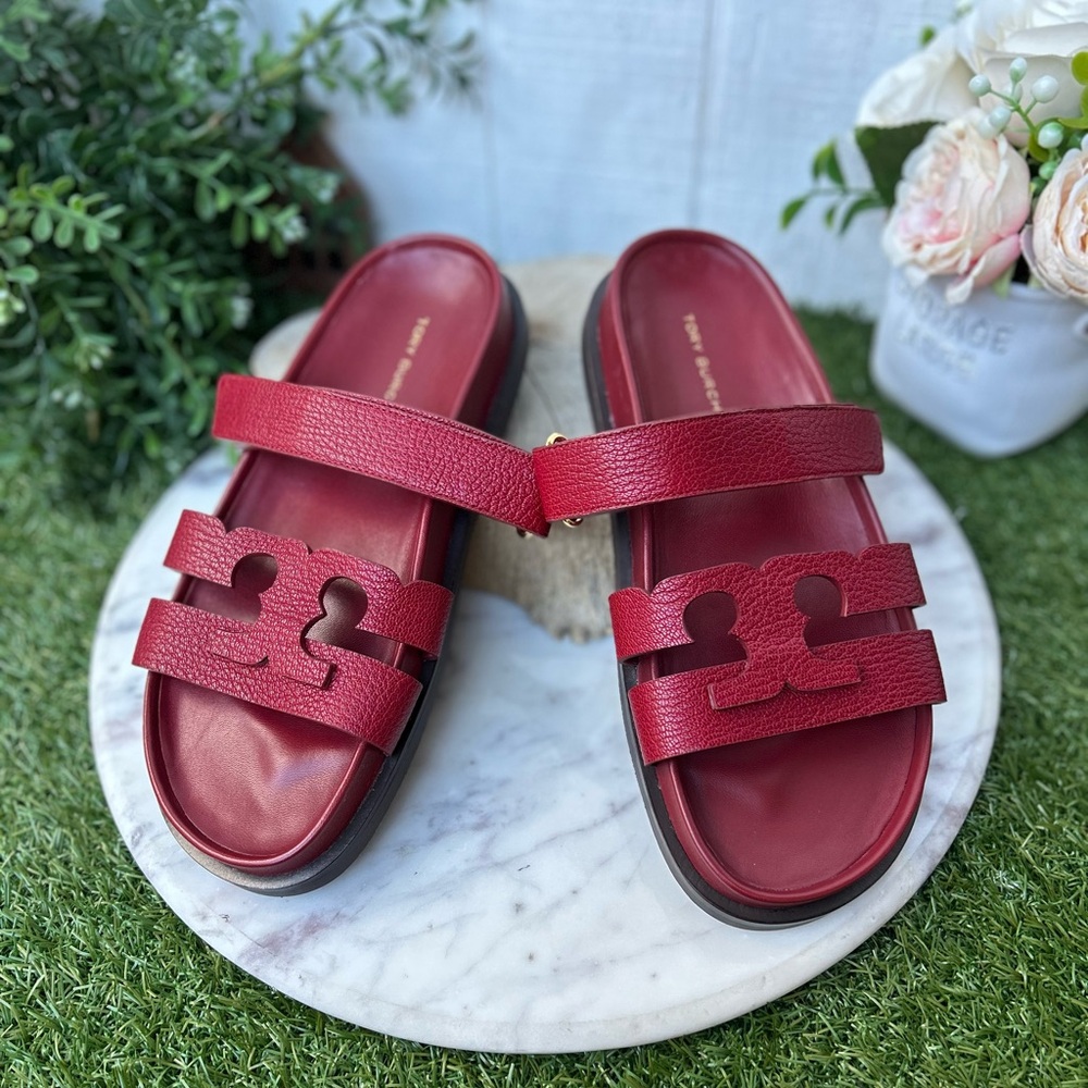 Tory Burch InesRed Leather Double-Strap Logo Slide Sandals - Picture 5 of 16